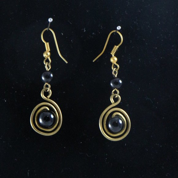 Handmade East African Brass Blue Ceramic Beaded Drop Earrings Pair - Picture 3 of 4